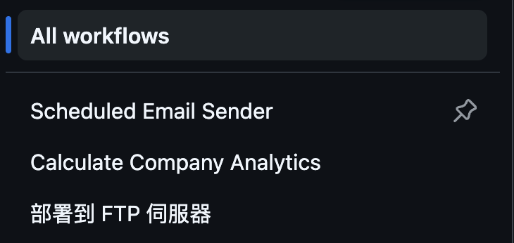 GitHub Actions workflows powering the site — Scheduled Email Sender, Calculate Company Analytics, and FTP Deploy (部署到 FTP 伺服器)